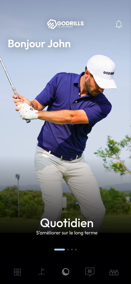 GODRILLS golf training app — home screen showing performance testing, drills library and GPS scorecard