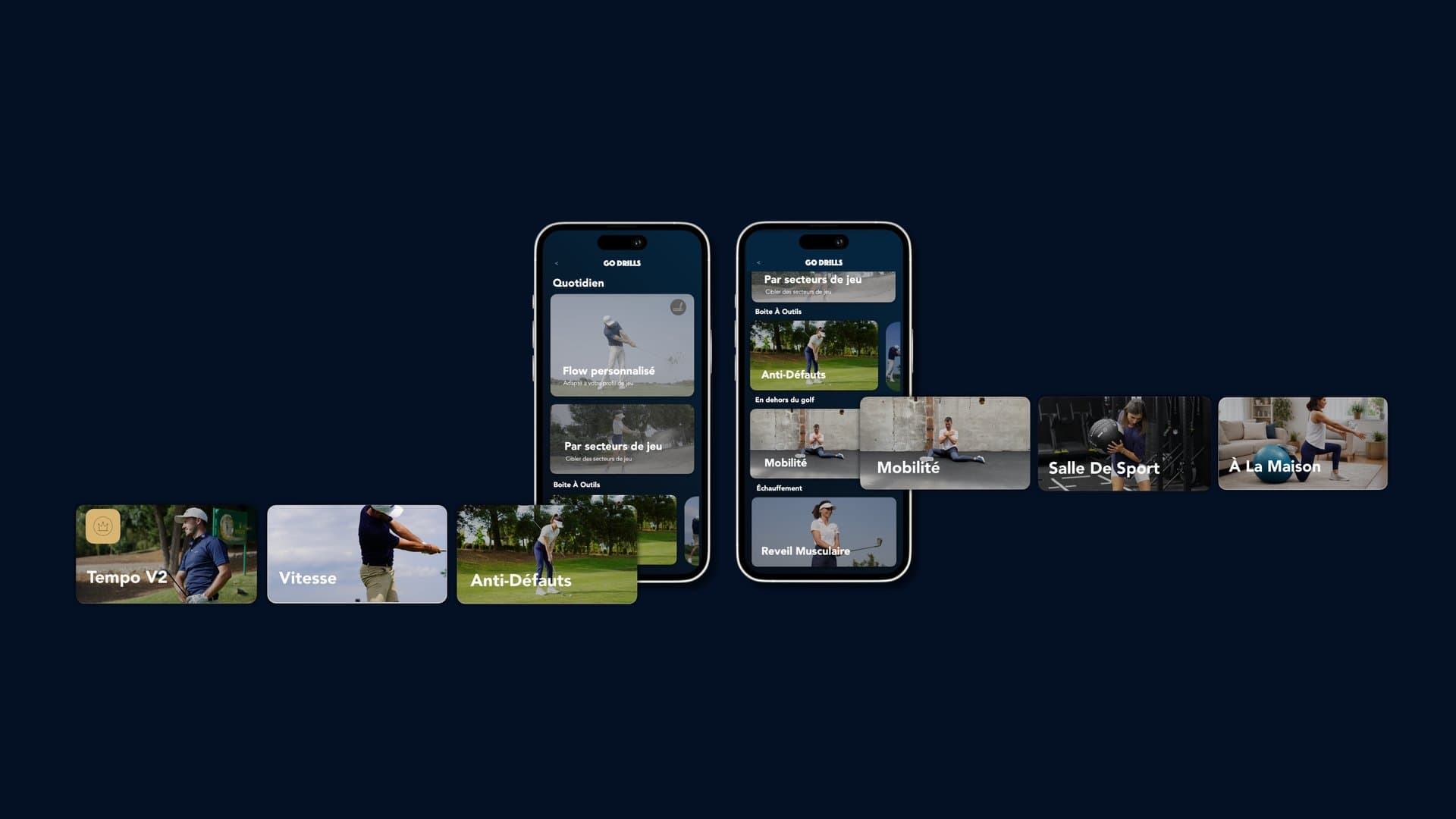 GODRILLS app showcase — phone with feature cards showing tests, drills, genetics and GPS scorecard