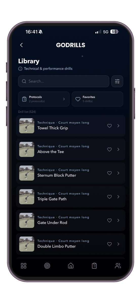 GODRILLS video drill library — 500+ golf training exercises filmed from 3 angles
